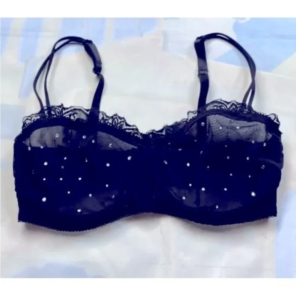 H&M Balcony Bra U/Wired Non-Padded W/ Rhinestone Sexy Mesh & Lace 34D Black VTG